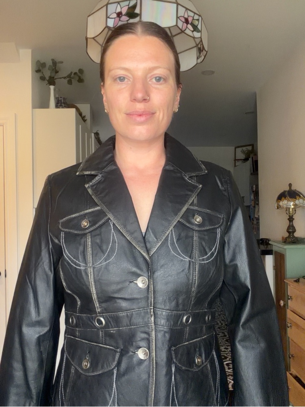 Women's Black Leather Button-Front Blazer - Picture 12 of 16